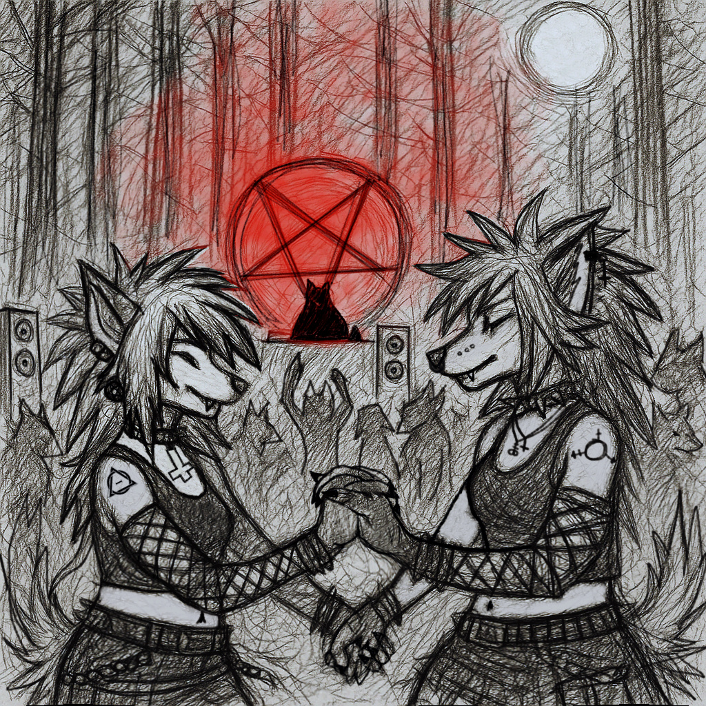Terror In the Woods Poster Art This image is a sketchy, gothic-style digital drawing featuring two anthropomorphic femme presenting wolf characters holding hands in what looks like a ritualistic or romantic moment amidst an occult rave in the forest. Shadowy, wolf-like silhouettes.